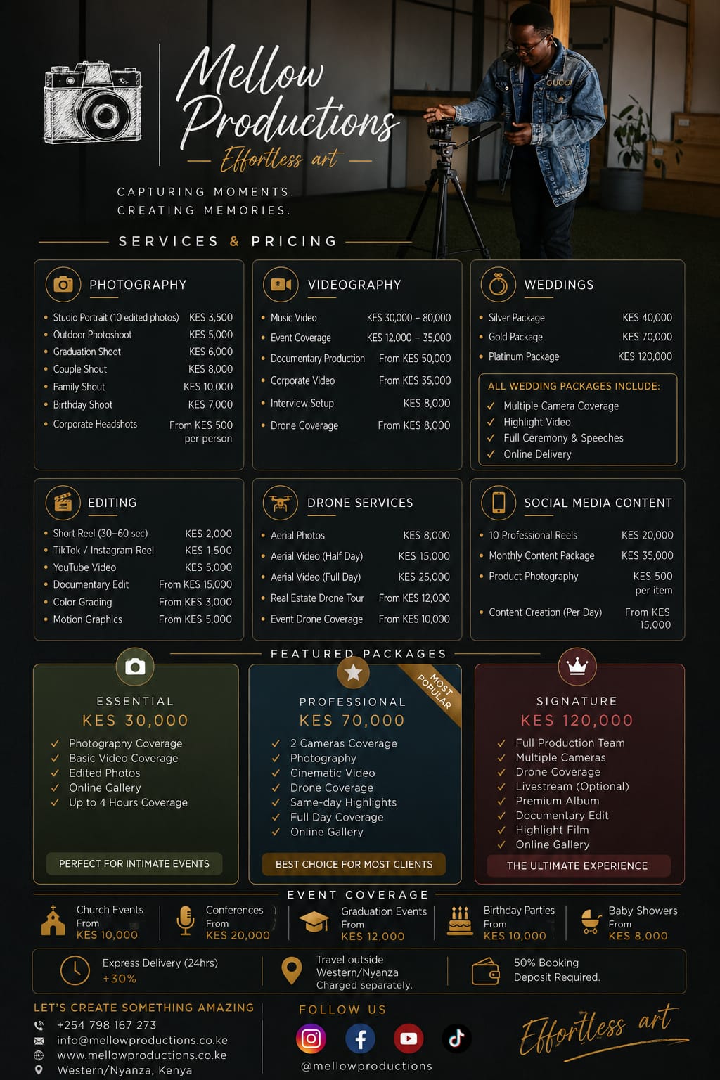 Mellow Productions rate card — full services and pricing. Photography from KES 3,500, videography, wedding packages (Silver 40,000, Gold 70,000, Platinum 120,000), editing, drone services, social media content, featured packages (Essential 30,000, Professional 70,000, Signature 120,000) and event coverage.